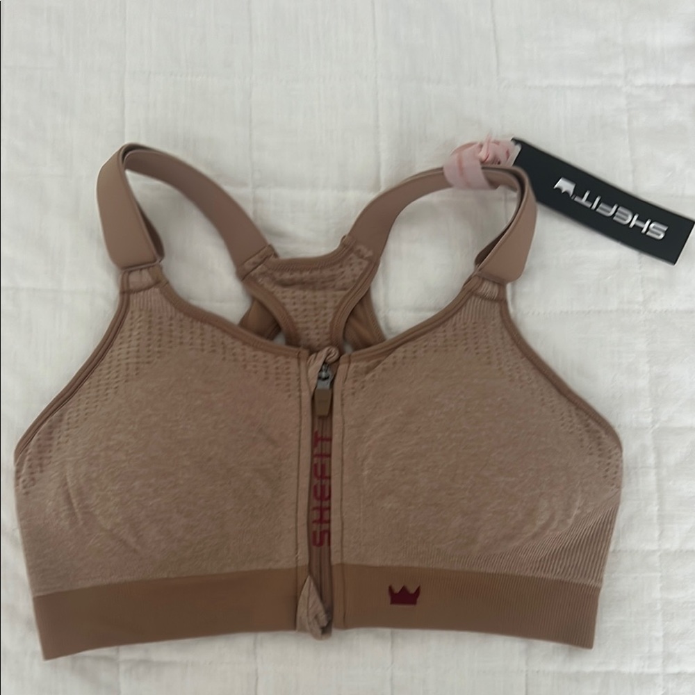 SHEFIT Tan Sports Bra with Front Zipper and Racerback